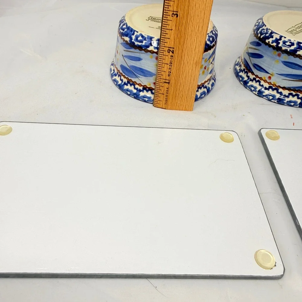 Temp-tations Old World 4pc Set 6oz Ceramic Ramekins & Glass Trivets Blue Floral